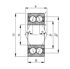 角接觸球軸承 3812-B-2RSR-TVH, 雙列，雙側(cè)唇密封，接觸角 α = 25°